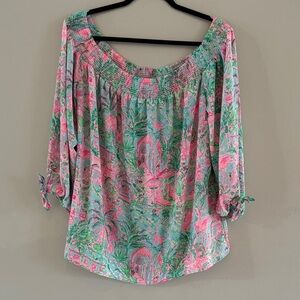Women’s Lilly Pulitzer Off the Shoulder Top Tropical Print Palm Flamingo XL